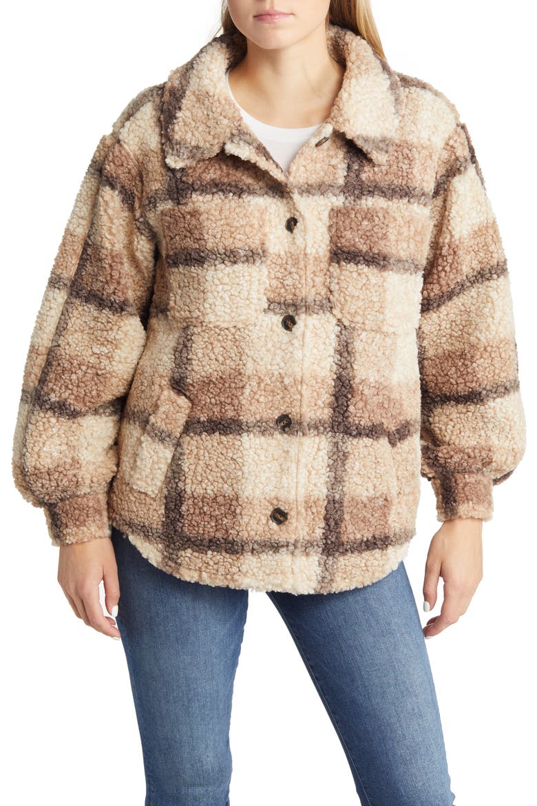 Plaid Teddy Jacket (Nordstrom Exclusive), Alternate, color, BRMU-BROWN MULTI