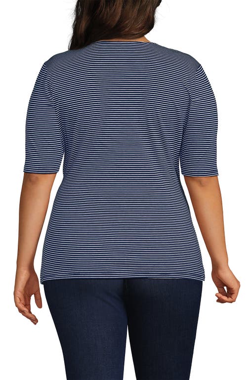 Lands' End Plus Size Elbow Sleeve Lightweight Jersey Side Tie Blouse In Deep Sea Navy Tiny Stripe