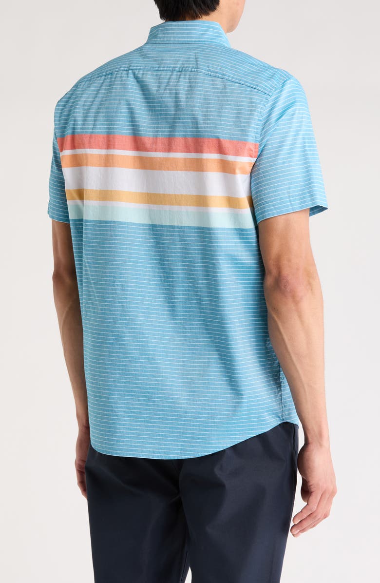 Original Penguin Lawn Chest Stripe Short Cotton Sleeve Button-Up Shirt, Alternate, color, Mosaic Blue
