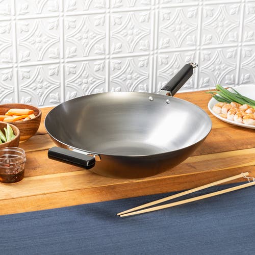 Joyce Chen Uncoated Carbon Steel Flat Bottom Wok With Phenolic Handles, 14-inch In Gray