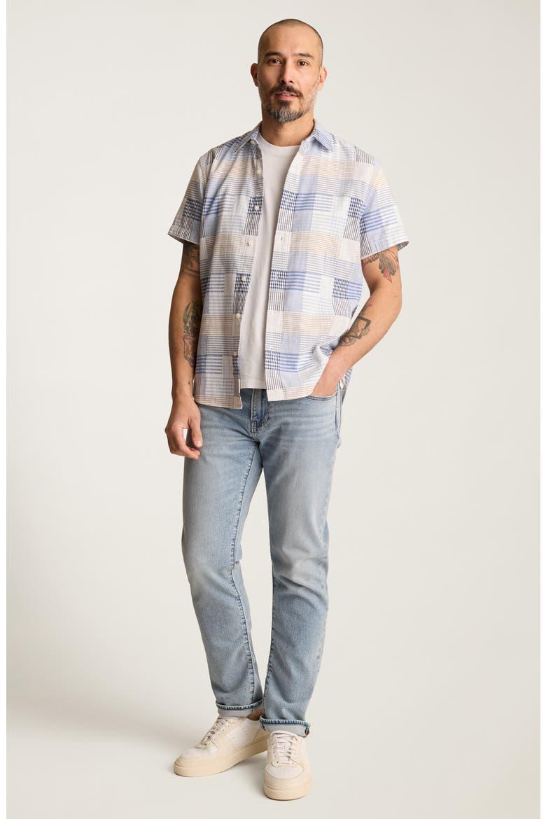 Riviera Slim Fit Patchwork Short Sleeve Cotton Button-Up Shirt, Alternate, color, BLUE STRIPE PATCHWORK