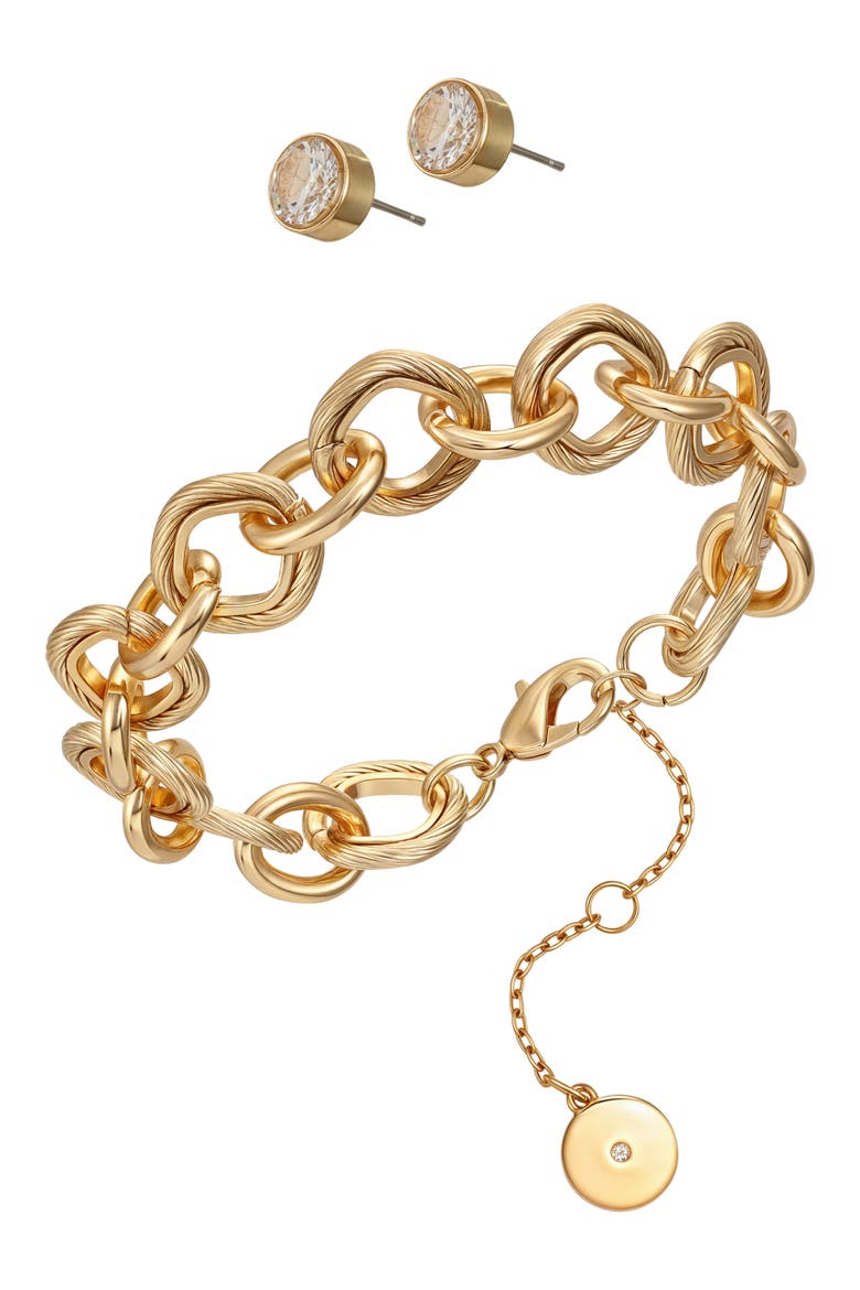 Chain Link Bracelet & Cubic Zirconia Stud Earrings Gift Set, Alternate, color, GOLD