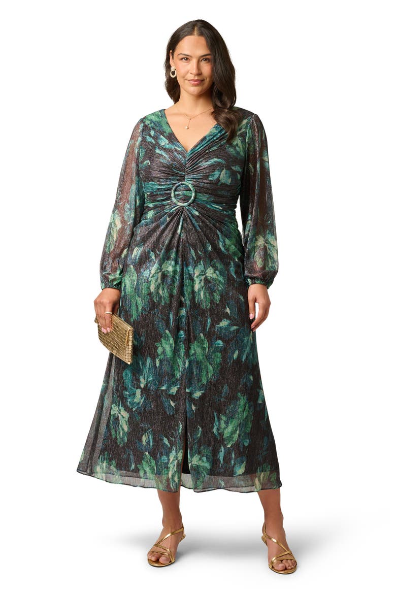 Metallic Floral Mesh Midi Dress, Alternate, color, BLACK/ EMERALD