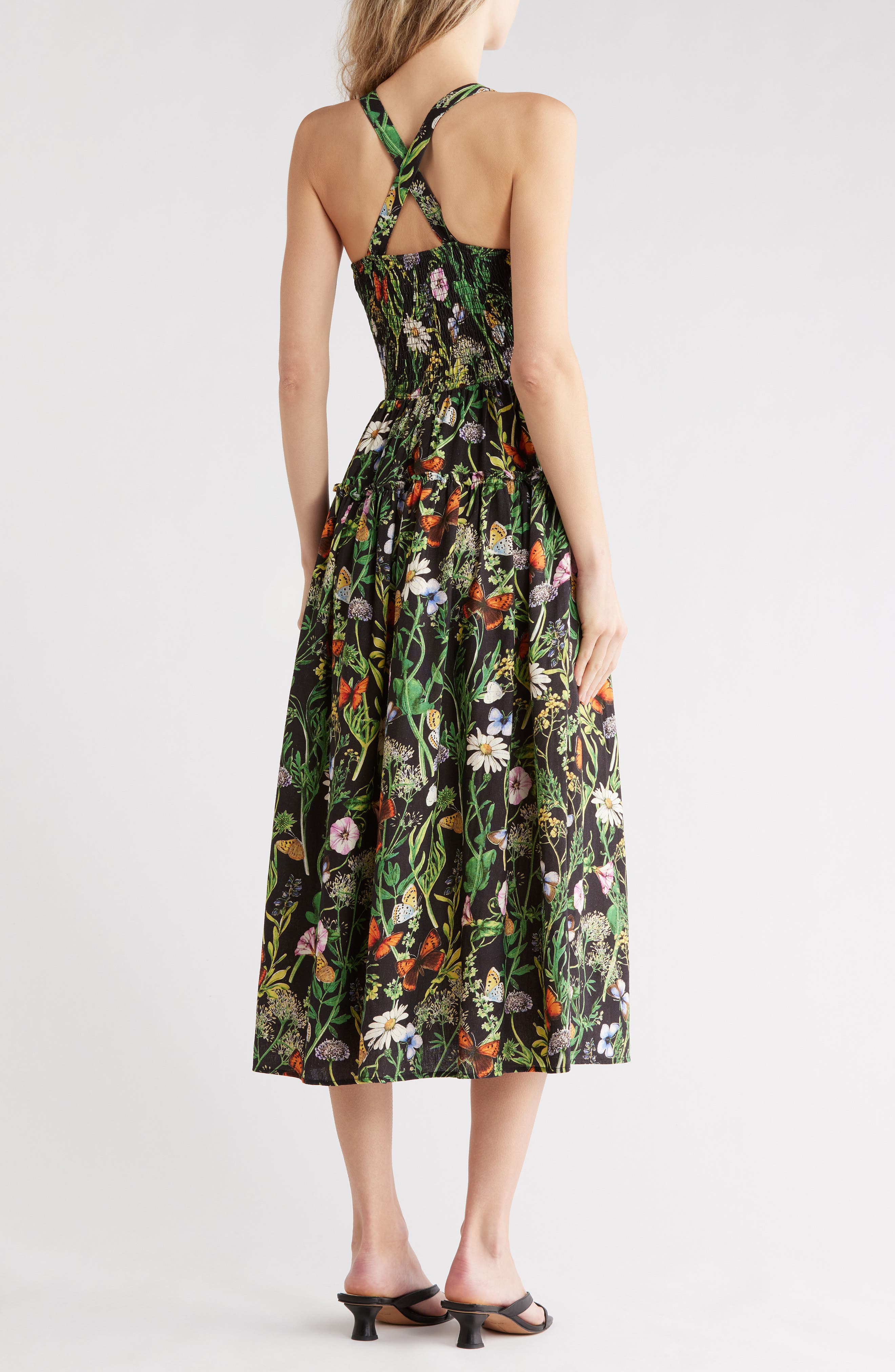 feel effortlessly linen blend unique print smocked back midi dress Feel Effortlessly Linen Blend Unique Print Smocked Back Pocketed Midi Dress