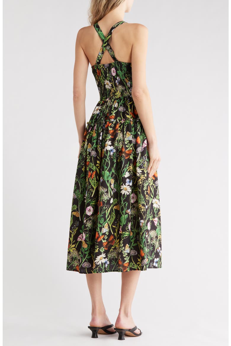 Floral Smocked Bodice Linen Blend Midi Dress, Alternate, color, BLACK BUTTERFLY FLORAL