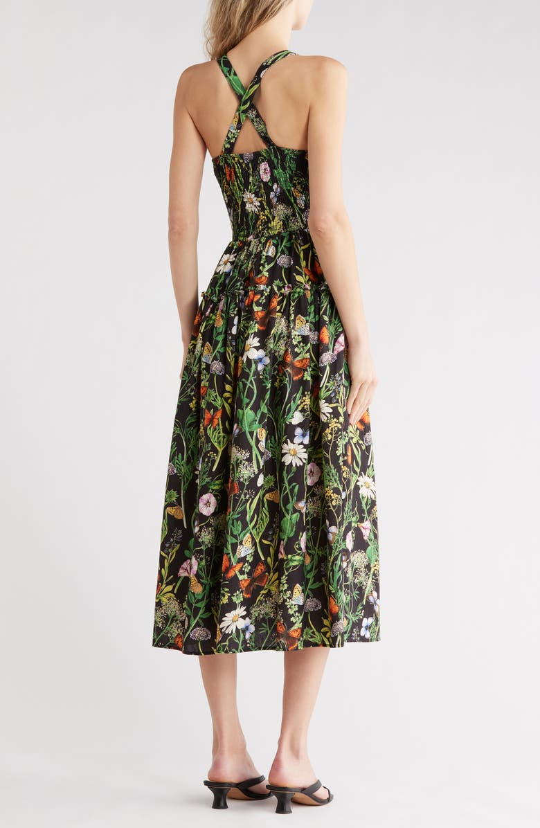 Avec Les Filles Floral Smocked Bodice Linen Blend Midi Dress, Alternate, color, Black Butterfly Floral