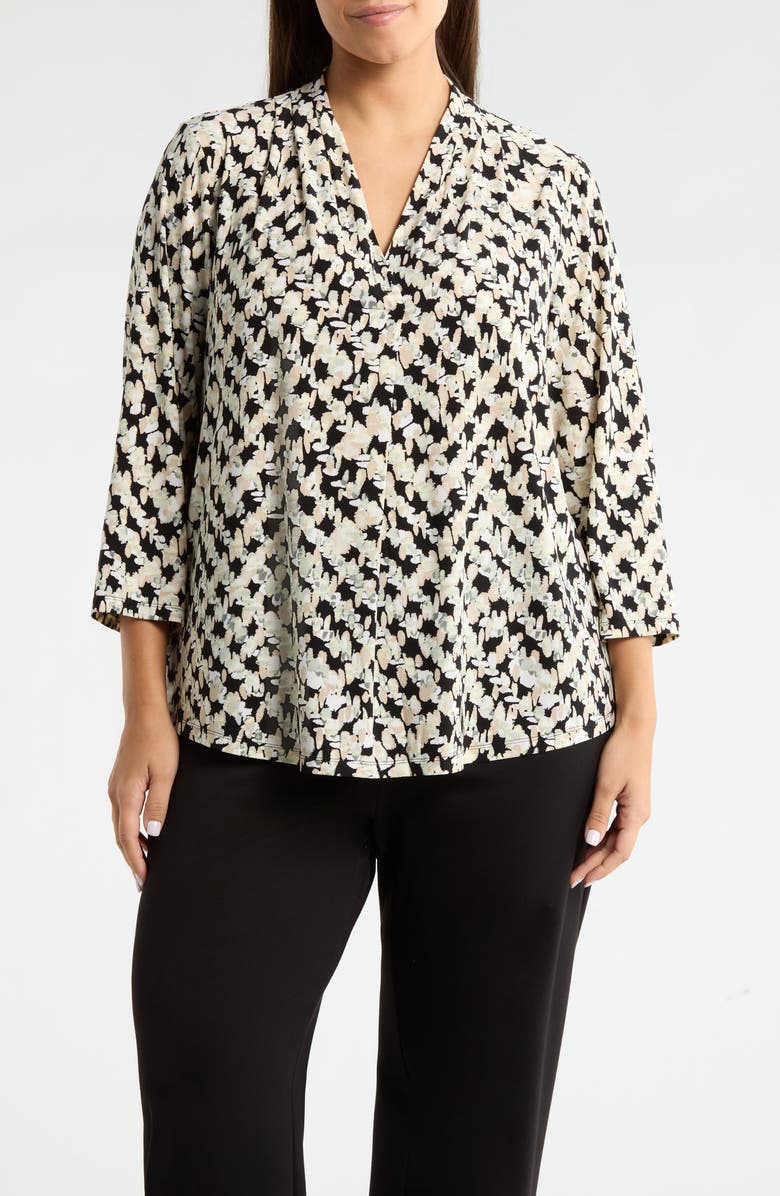 AK ANNE KLEIN Print Pleat Three-Quarter Sleeve Top, Main, color, Anne Black/ Beige Multi