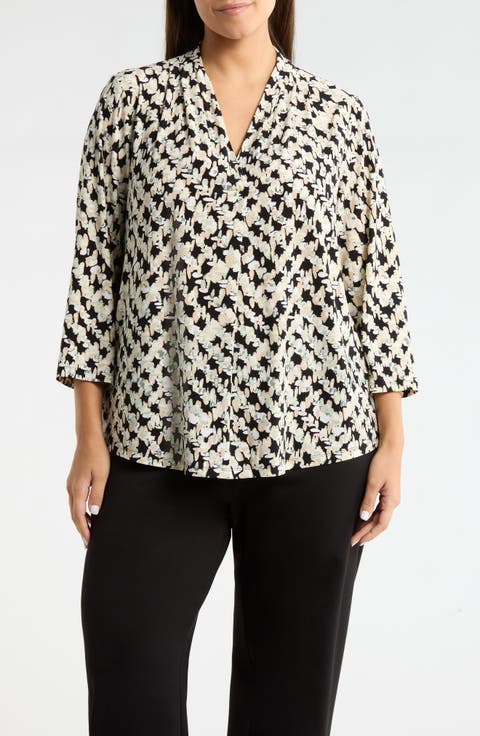 Print Pleat Three-Quarter Sleeve Top (Plus)