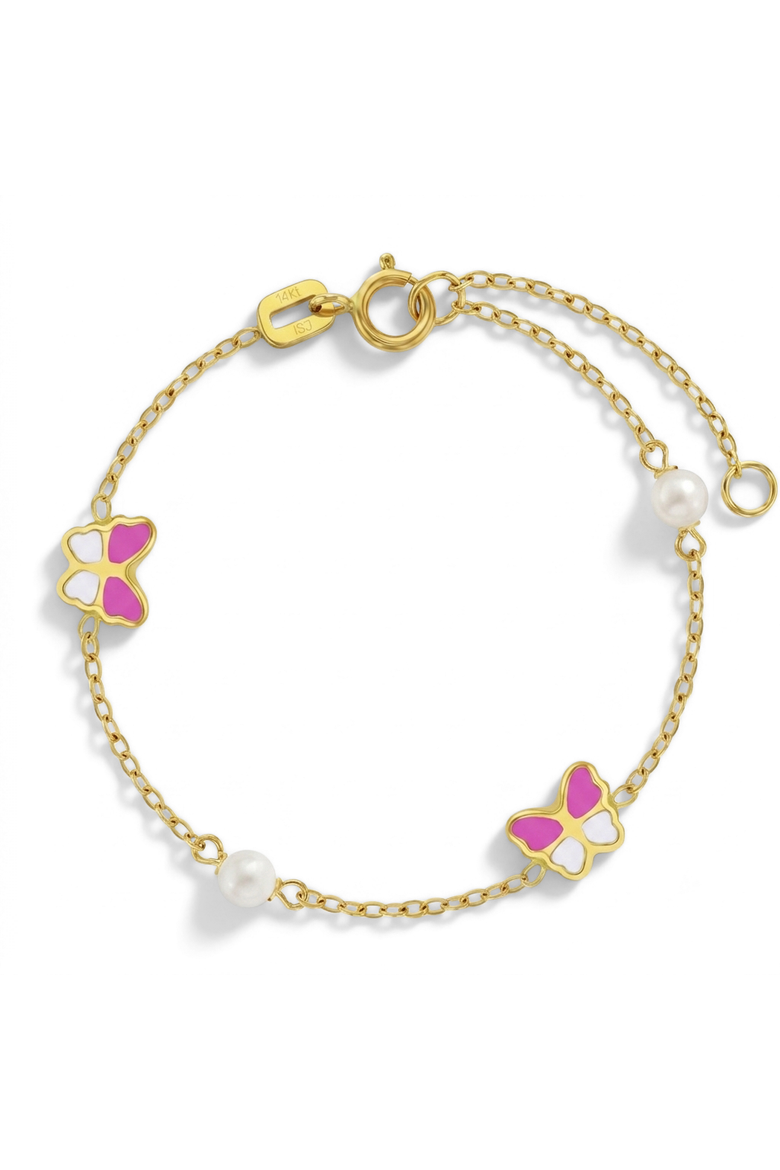 14k Pink Enamel Butterfly Girls Bracelet, Main, color, Pink
