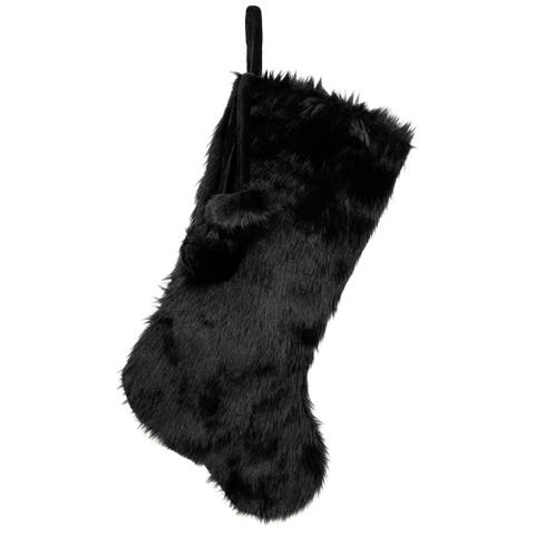 Sable Faux Fur Christmas Stocking with Pom Poms - 20.5" - Black