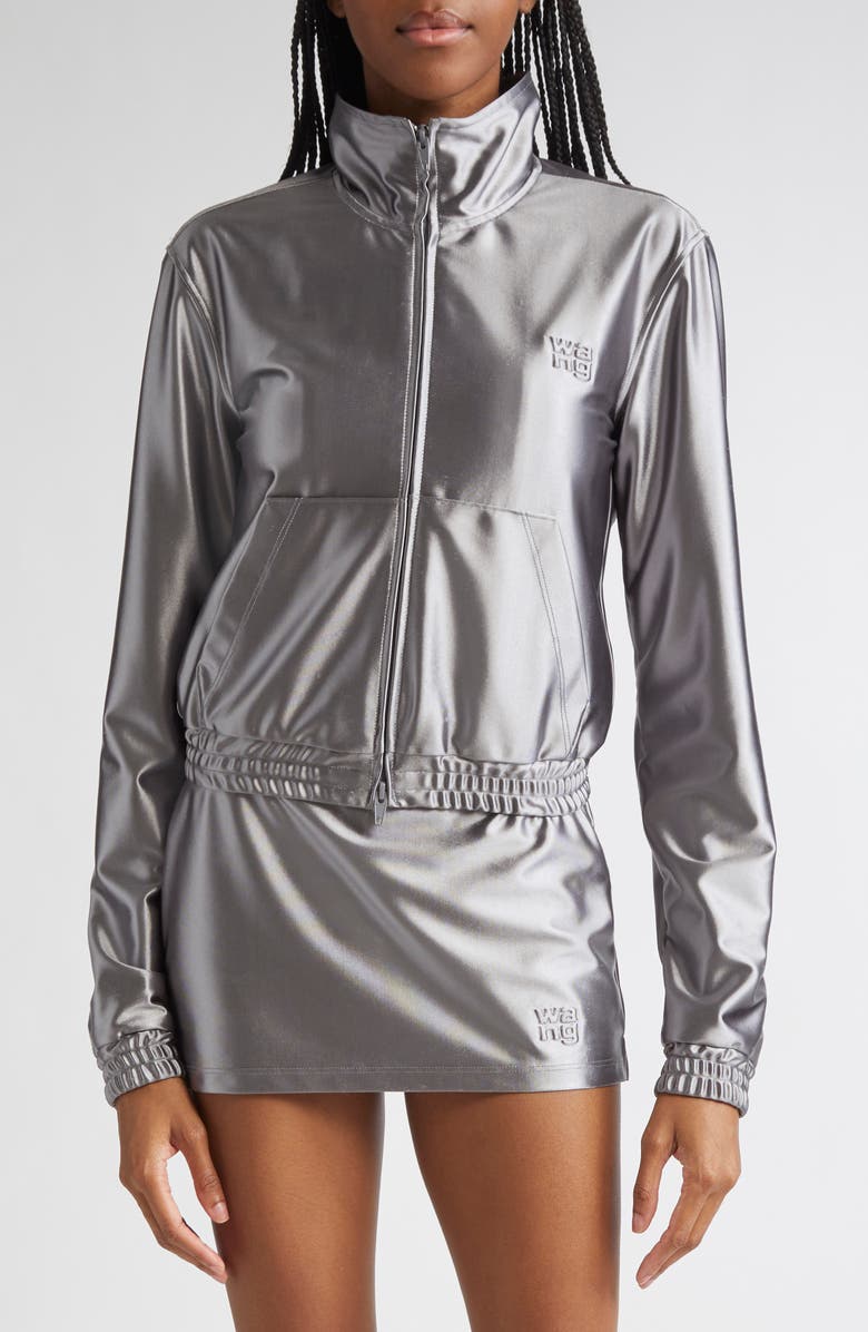 Alexander Wang Shrunken Metallic Faille Jacket, Main, color, Alloy