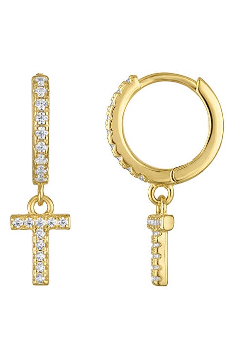 Pavé Cubic Zirconia Initial 'T' Huggie Drop Earrings