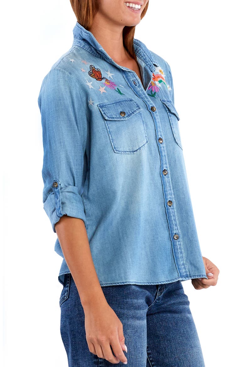 Happy Place Embroidered Denim Button-Up Shirt, Alternate, color, DENIM