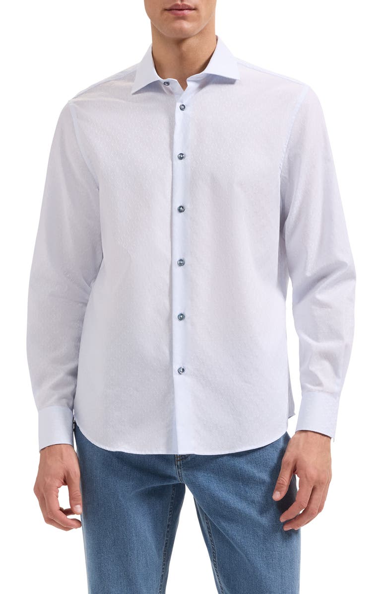 Bugatchi Axel Shaped Fit Diamond Jacquard Stretch Button-Up Shirt, Main, color, Salt