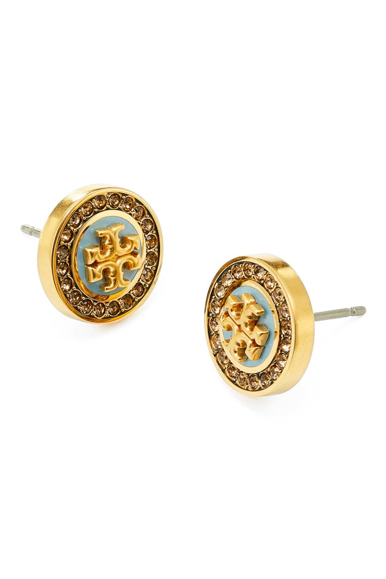 Kira Enamel Pavé Circle Stud Earrings, Alternate, color, ANTIQUE BRASS/ BLUE MULTI