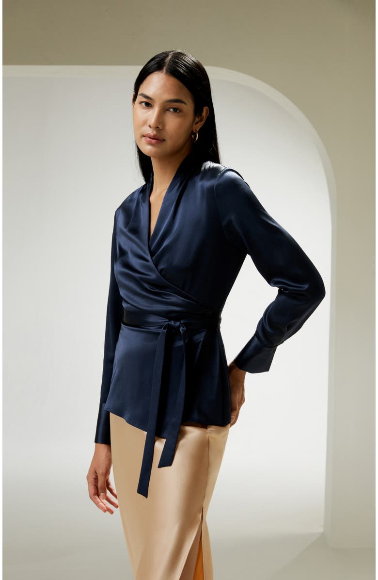 Lilysilk Silk Wrap Blouse, Alternate, color, Navy Blue