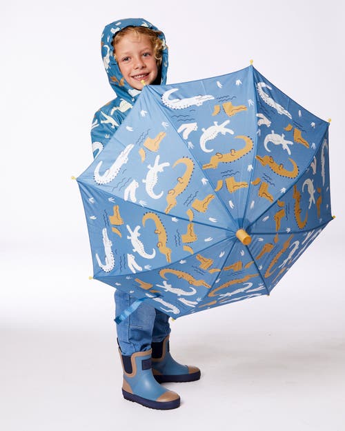 Deux Par Deux Kids Unisex Blue Umbrella With Crocodiles That Change Color Upon Contact With Water In Blue With Crocodile