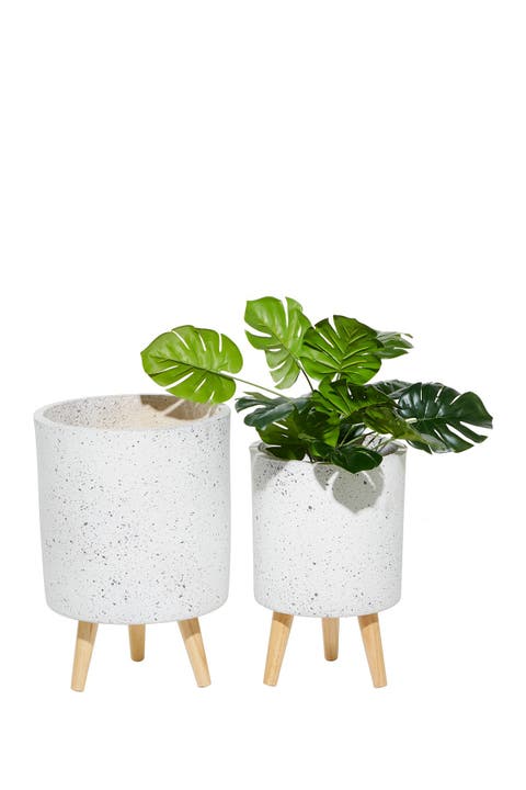 White Wood Contemporary Round Planter - Set of 2