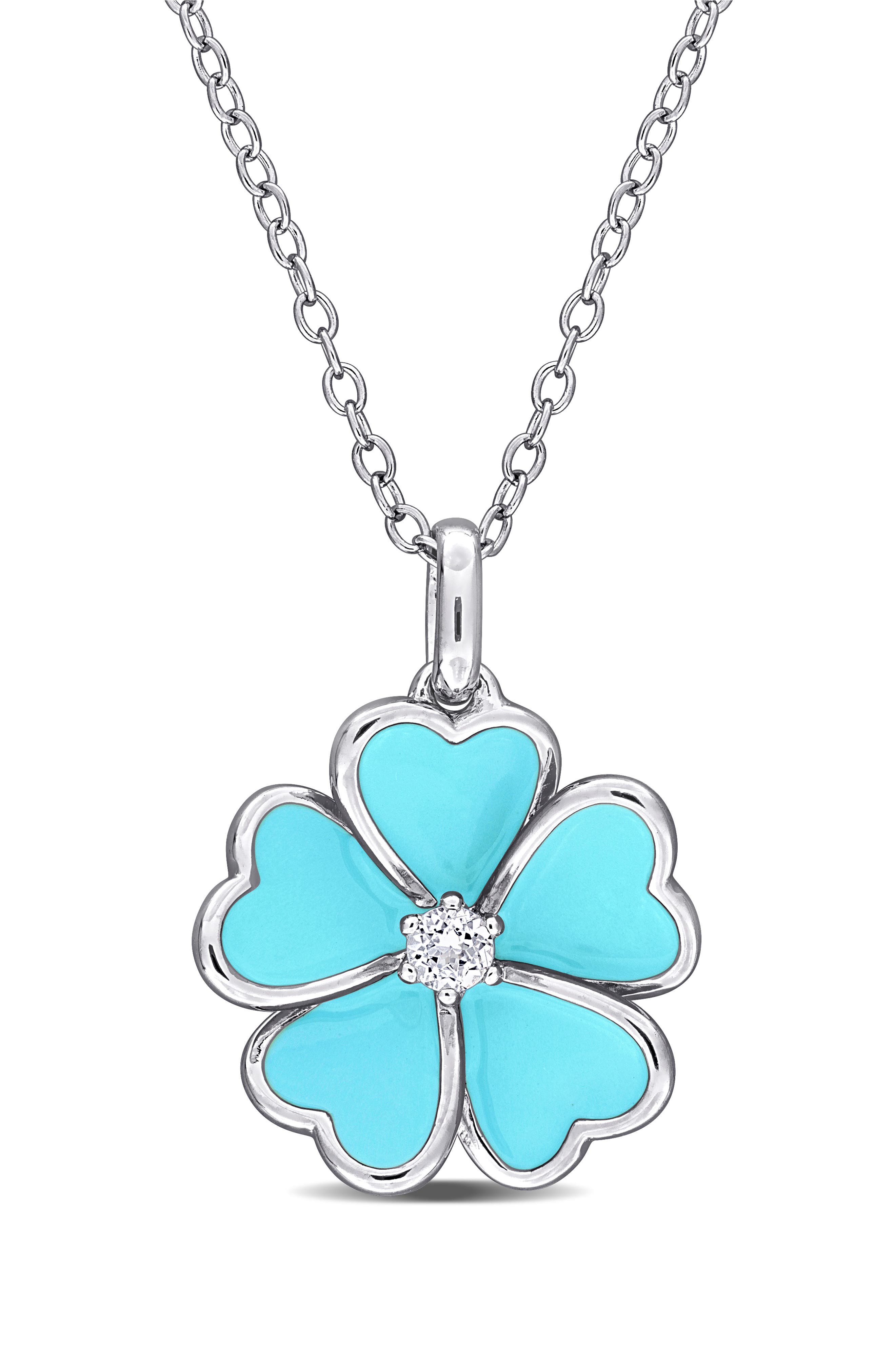 DELMAR White Topaz & Enamel Flower Pendant Necklace
