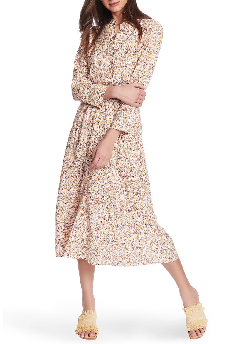 Woodland Ditzy Long Sleeve Midi Shirtdress, Main, color, VINTAGE IVORY MULTI