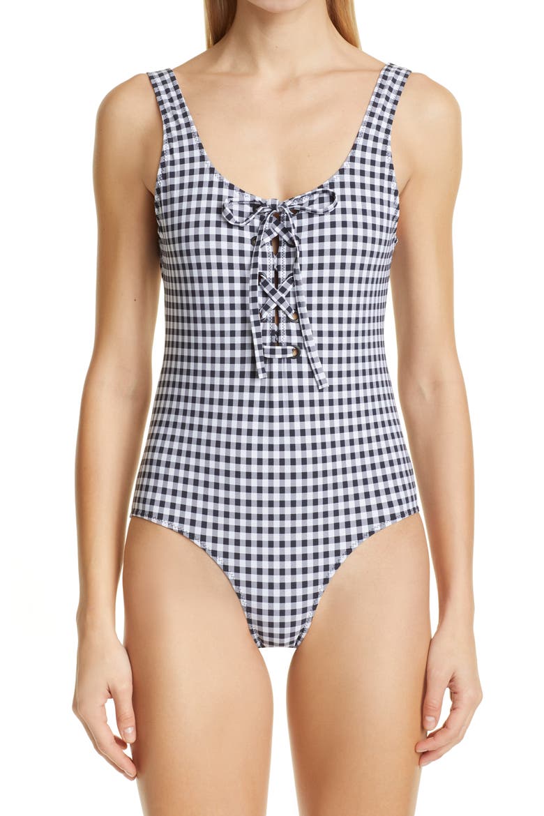 Gingham Lace-Up One-Piece Swimsuit, Main, color, BLACK