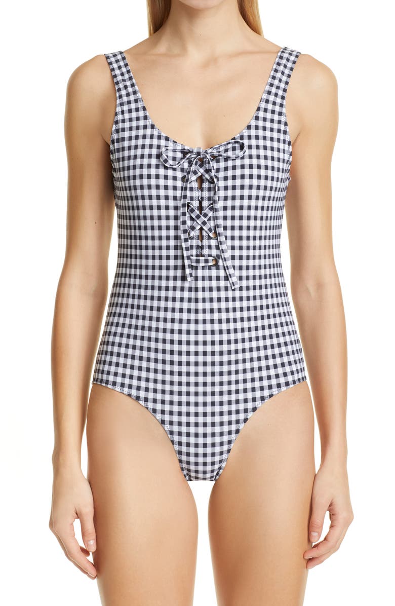 Ganni Gingham Lace-Up One-Piece Swimsuit, Main, color, 