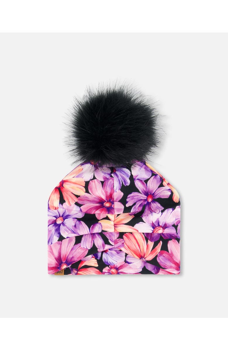 Deux par Deux Girl's Printed Jersey Detachable Pompom Hat Black With Pink And Orange Flowers, Alternate, color,
