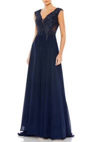 Mac Duggal Appliqued Cap Sleeve Bodice Flowy Gown