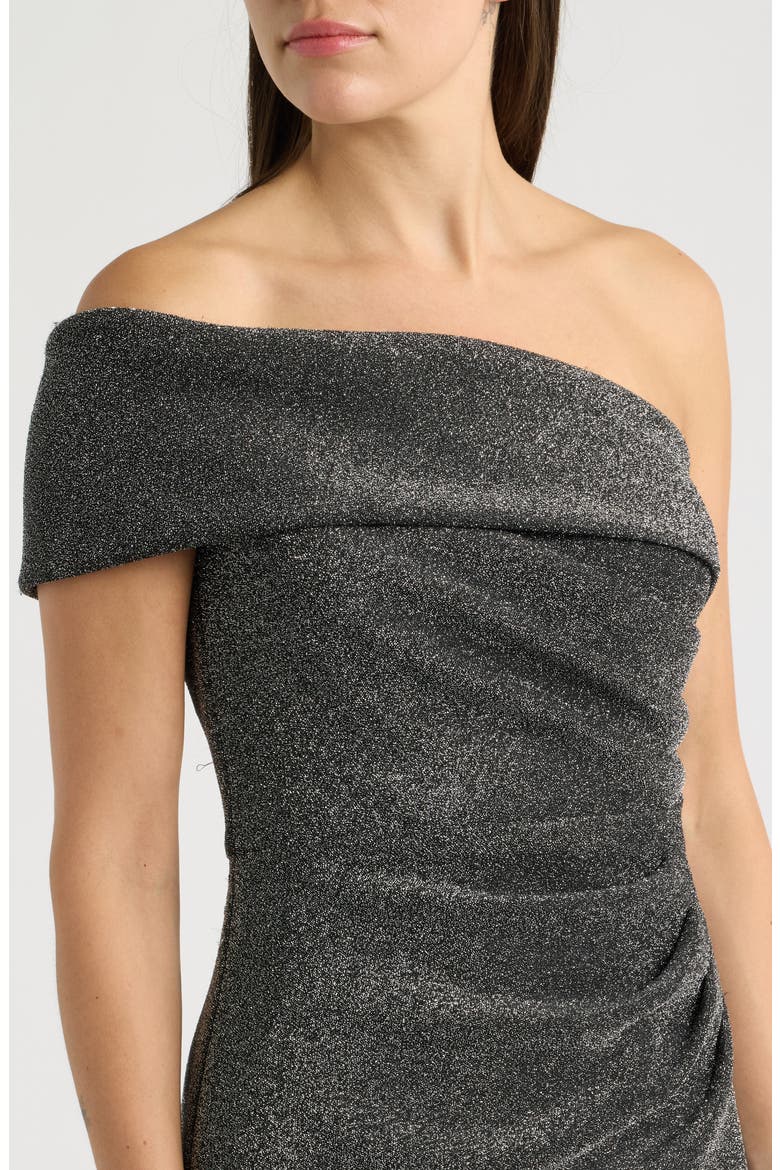 Metallic One-Shoulder Gown, Alternate, color, BLACK SILV
