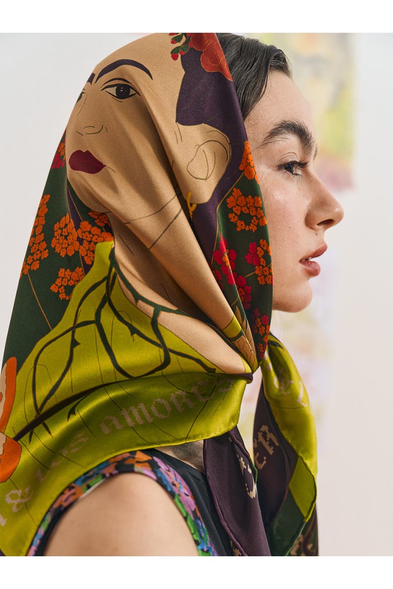 FRIDA x LOST PATTERN "Los Amores de Frida" Large Silk Scarf, Alternate, color, Dark Green
