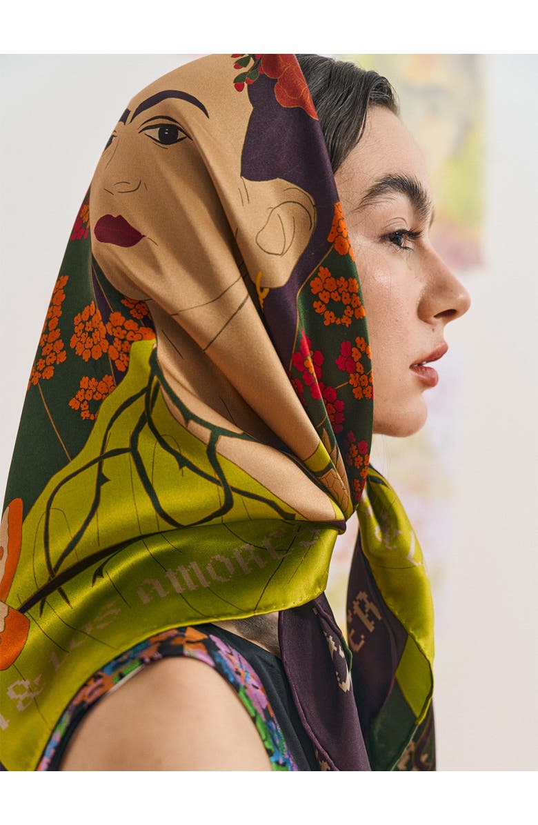 Lost Pattern FRIDA x LOST PATTERN "Los Amores de Frida" Large Silk Scarf, Alternate, color, Dark Green