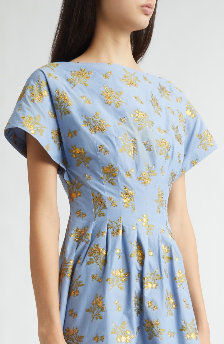 Lela Rose Metallic Floral Cotton Blend Jacquard Midi Dress, Alternate, color, Bluebell