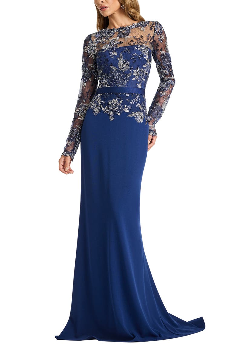 Floral Lace Embroidery Long Sleeve Gown, Main, color, MIDNIGHT