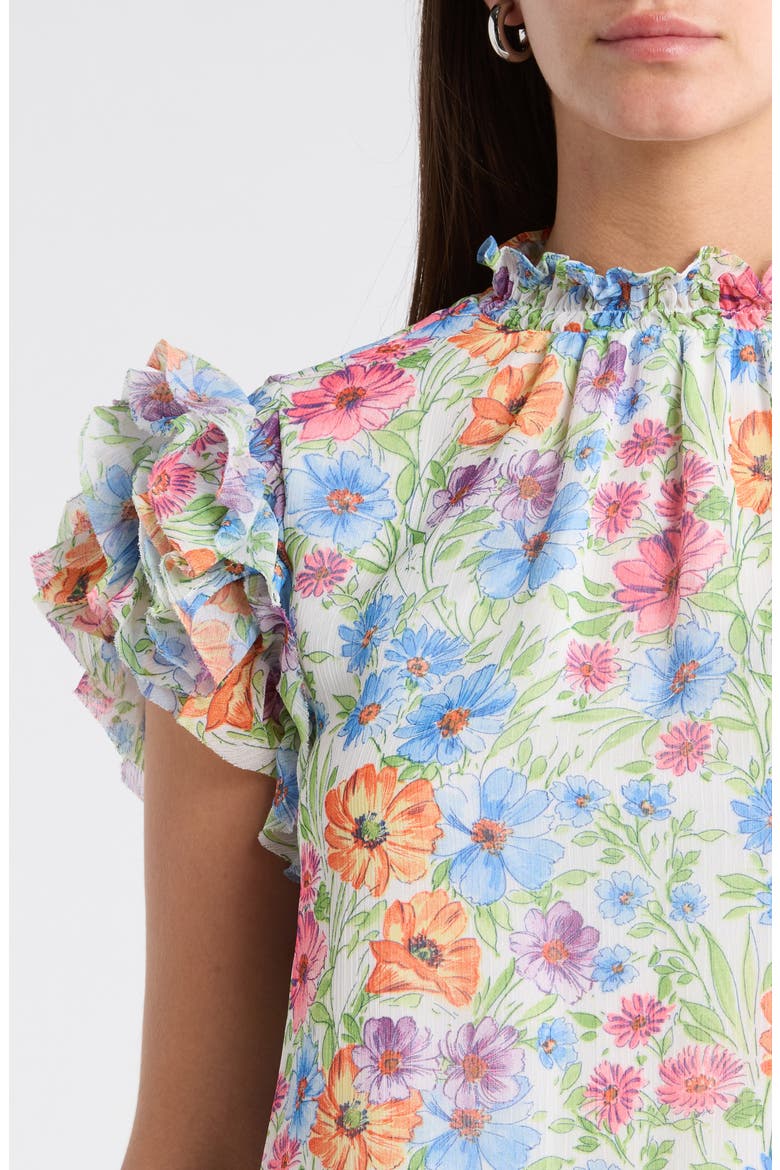 Ezia Brenna Floral Mock Neck Ruffle Sleeve Top, Alternate, color, BLUE-PINK-YELLOW
