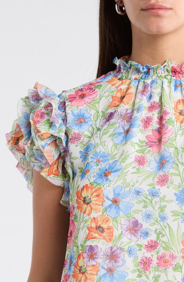 SUGARLIPS Ezia Brenna Floral Mock Neck Ruffle Sleeve Top, Alternate, color, Blue-Pink-Yellow