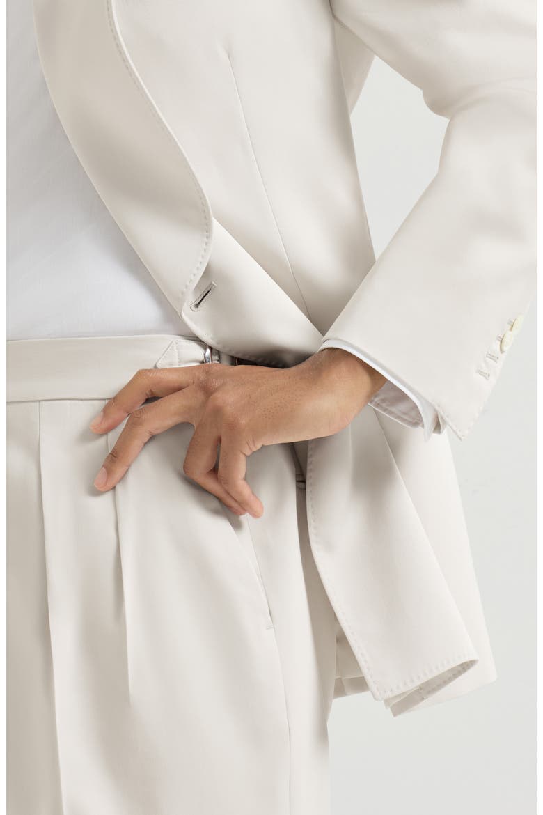 Délavé silk twill tuxedo with one-and-a-half breasted blazer with shawl lapel and trousers with double pleats, Alternate, color, Panama