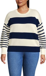 Lands' End Womens Plus Size Drifter Drop Shoulder Placed Jacquard Crew Neck Sweater
