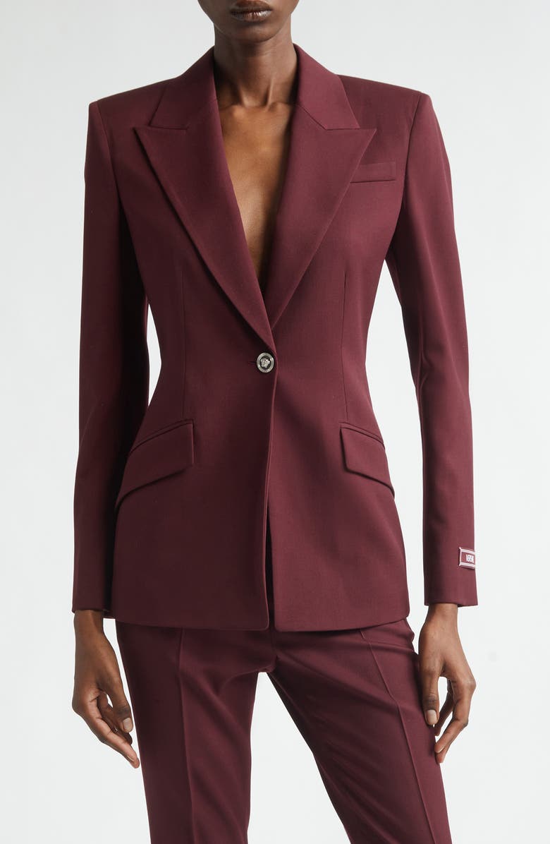 Versace Single Breasted Stretch Virgin Wool Gabardine Blazer, Main, color, Burgundy