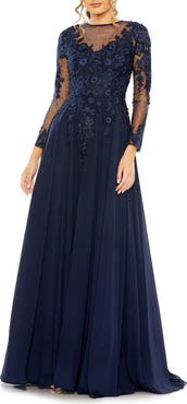 Mac Duggal Hand-Embellished Lace Gown with Jeweled Embroidery