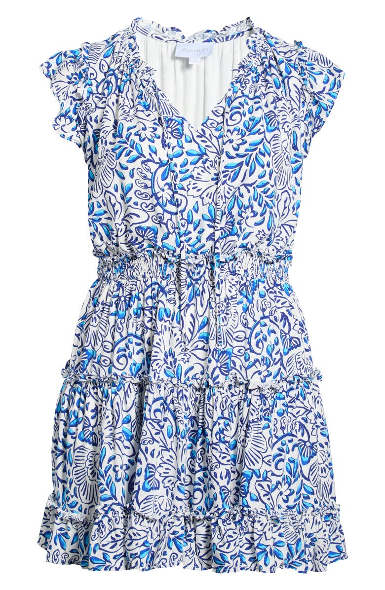 SUGARLIPS Mize Toledo Floral Tiered Minidress, Alternate, color, White Blues