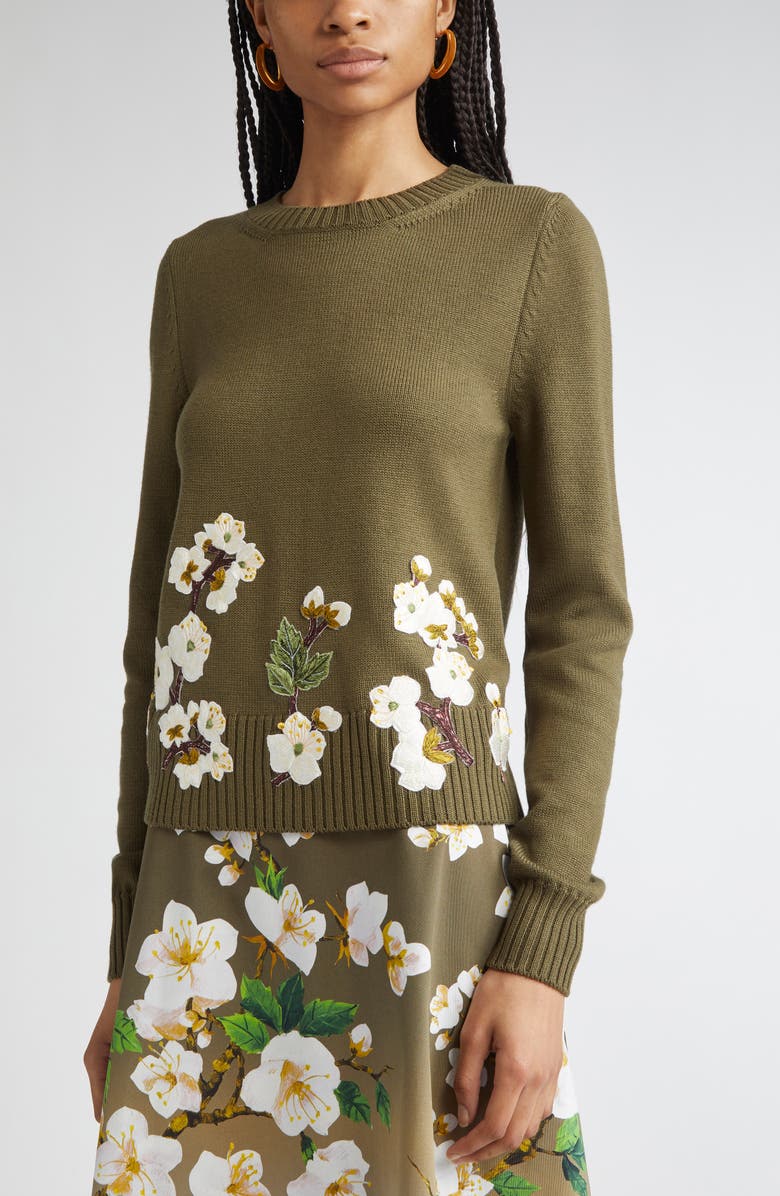 Oscar de la Renta Cherry Blossom Embroidered Virgin Wool Sweater, Alternate, color, Khaki