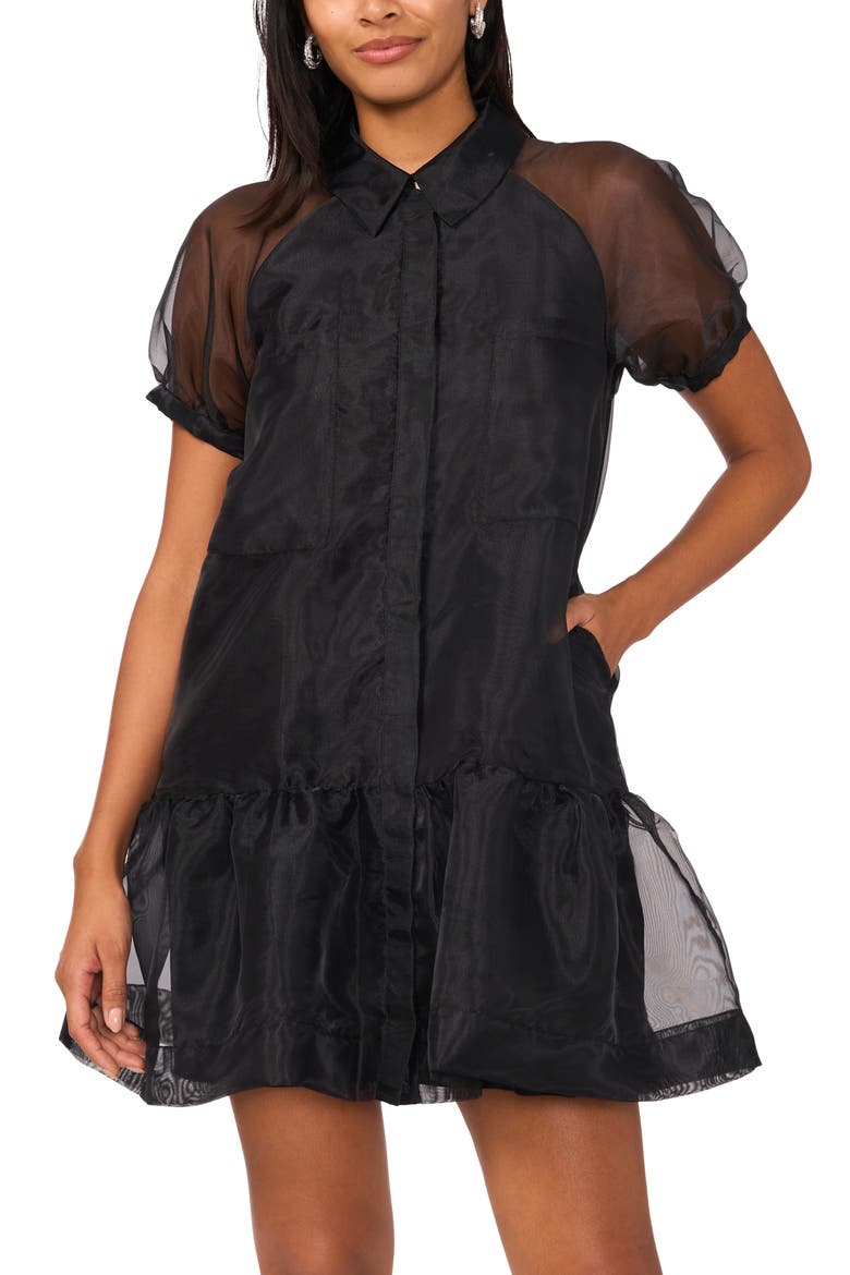 Puff Sleeve Tiered Organza Shirtdress, Alternate, color, RICH BLACK