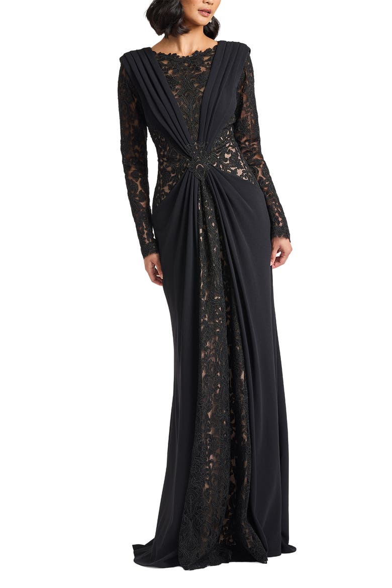Mixed Media Long Sleeve Body-Con Gown, Main, color, BLACK