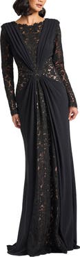 Tadashi Shoji Mixed Media Long Sleeve Body-Con Gown