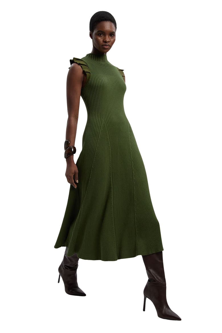 Pointelle Frill Sleeve Knit Midi Dress, Main, color, Olive
