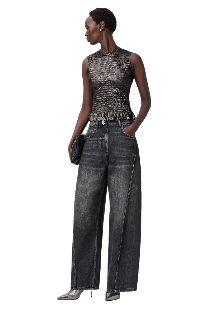 Ode Metallic Smocked Tank, Alternate, color, GUNMETAL GREY