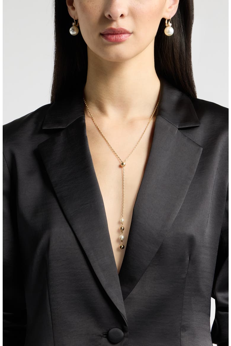 Faux Pearl & Ball Slider Lariat Necklace, Alternate, color, WHITE- GOLD