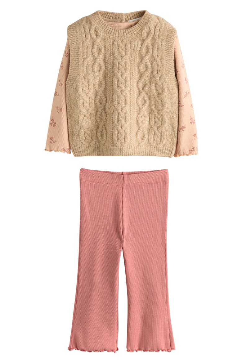Kids' Floral Long Sleeve T-Shirt, Sweater Vest & Rib Leggings Set, Main, color, PINK