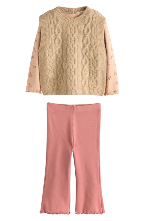 Kids' Floral Long Sleeve T-Shirt, Sweater Vest & Rib Leggings Set (Toddler & Little Kid)