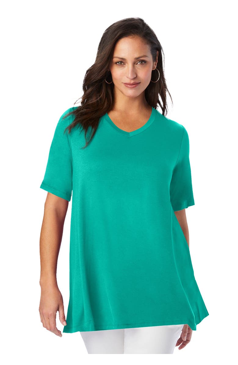 Jessica London Stretch Knit V-Neck Swing Tunic, Main, color, Aqua Sea
